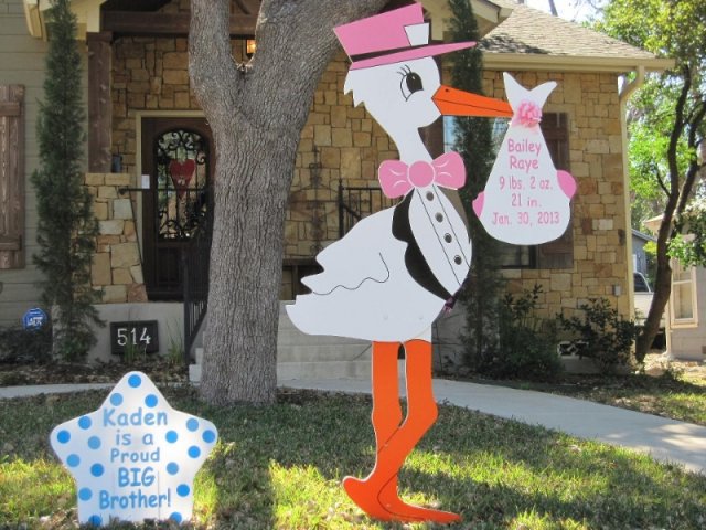 Pink Stork - Birth Announcement Lawn Sign>br> Flying Storks Clarksburg, MD (301) 606-3091